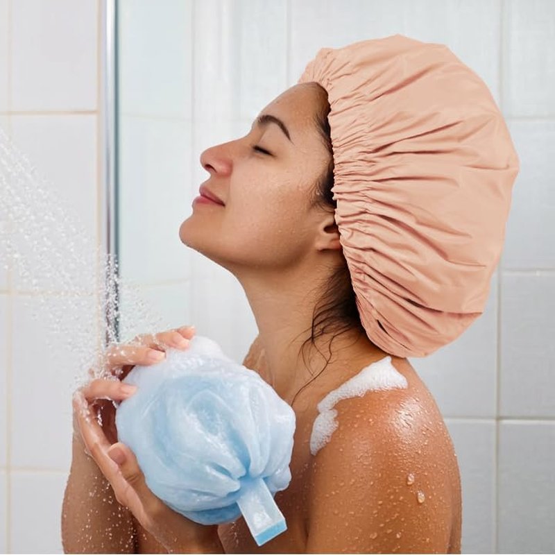 Reusable Shower Cap for Women - Large Waterproof Hair Bonnet | Washable Elastic Band for Long Hair & Braids - Beige