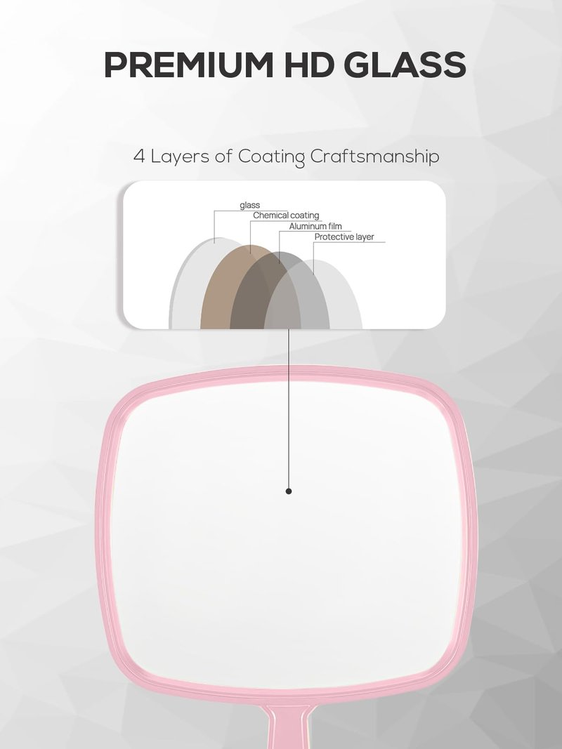 BEFUI Extra Large Handheld Mirror，Hand Salon Mirror with Handle for Barbers, Hairdressing (Pink，12.4" Lx 9" W)