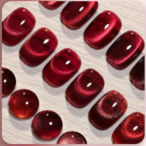 GAOY Jelly Red Glitter Cat Eye Gel Nail Polish Set with Magnet 6 Types of Holographic Cat Eye, Salon Gel Manicure and Nail Art DIY at Home