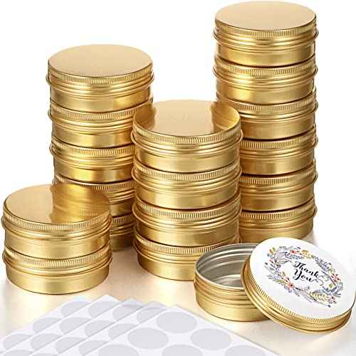 Patelai 2 oz 120 Pcs Metal Round Tins Aluminum Tin Cans Salve Tins Containers with Screw Lid 20 Sheets Stickers for Christmas Salve Spice Candies Balms Candles(Gold)