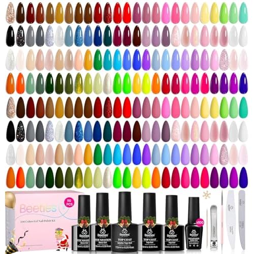 Beetles 110 PCS Gel Nail Polish Set, 100 Colors Infinite Inspiration Gift Spree All Season Red Brown Green Black Gel Polish with 5Pcs Base Top Coat Soak off UV Gel for Manicure Lovers DIY at Home
