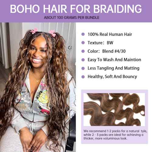 YWIGS Bulk Human Hair for Braiding Body Wave Blend #4/30 Boho Human Hair No Weft Human Braiding Hair 100G 18inch