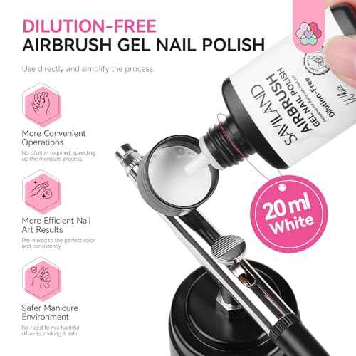 SAVILAND Plus Airbrush Gel Nail Polish Dilution-free: 20 ml No Clogging White Airbrush Nail Polish Non-Acetone Nail Gel P olish for High Pigmented Colors Airbrush N ail Polish for Ombre French Nail