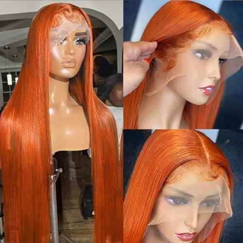 Lace Front Wigs Human Hair Pre Plucked HD Transparent Lace Frontal Wig Bralizian Virgin Human Hair Tiny Knots Natural Hairline with Baby Hair (Ginger Orange, 24 Inch)