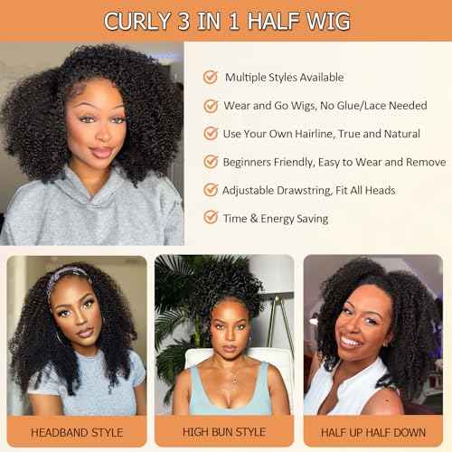 Glueless Wigs Human Hair Upgrade 3 IN 1 Half Wig With Drawstring Seamless Clip Ins Flip Over Kinky Curly Human Hair No Glue No Lace Wig For Women 200% Density 22 Inch