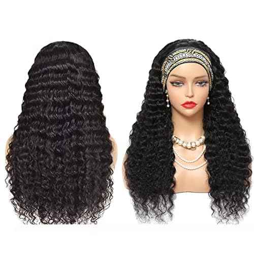 Aiterina Headband Wig for Black Woman 20 inch Brazilian Human Hair Wigs Deep Curly Wave Headband Wig Natural Color