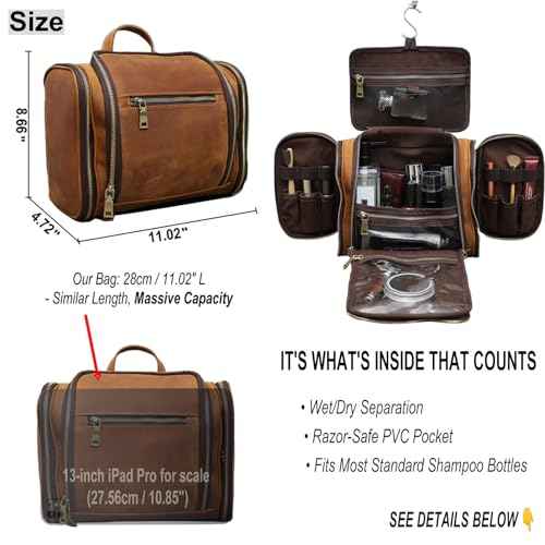 EURYNOME Toiletry Bag For Men, Genuine Leather Toiletries Organizer, Travel Hanging Toiletry Bag Large Water-resistant Bathroom Shaving Kit for Cosmetics, Makeup Case Travel Dopp Kit