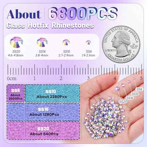 6800Pcs Hotfix Rhinestones for Clothing, Crystal AB 2-5mm Mixed Sizes Iron On Flatback Glass Gems, Bedazzling Crystals Rhinestones for Crafting Hats Shoes Fabric Decor Nail Art