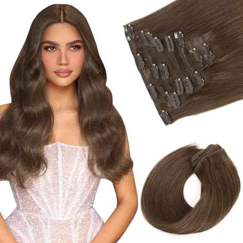 Sassina Clip in Hair Extensions 18 Inch Invisible Straight Human Hair Extensions Clip ins Medium Brown Clip in Extensions Full Head 8 Pcs with 18 Clips 120 Grams #4