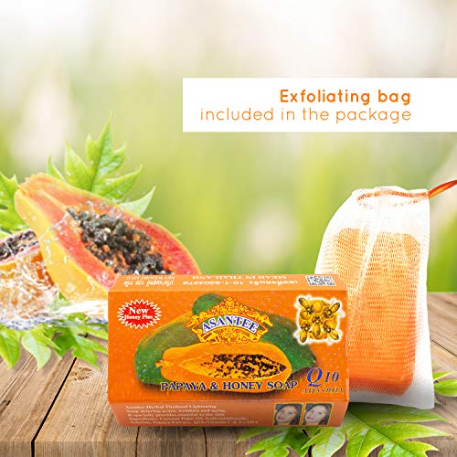 ASANTEE PAPAYA & HONEY Soap Bars with Vitamin C,E and Q10 Skin Cleansing 4.40 Oz (Pack of 4)