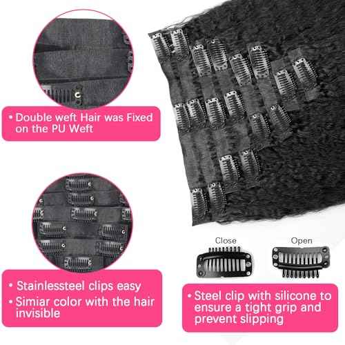 Seamless Kinky Straight Clip Ins Hair Extension Real Human Hair 18 Inch PU Kinky Straight Clip In Hair Extensions Human 8 Pcs/120g(18inch,Natural Black)