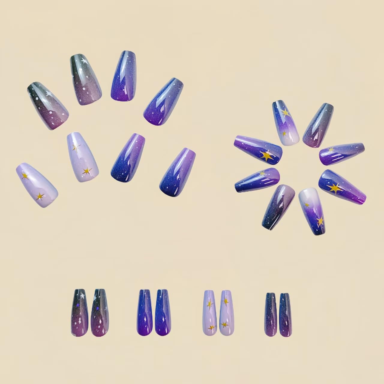 Skiennix Purple Black Ombre Coffin Press-On Nails - Medium Full Cover 24 Pcs for Stunning Manicures