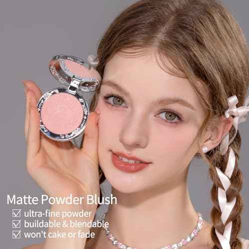 Flower Knows Swan Ballet Embossed Blush,Pink Matte Finish,Buildable & Blendable Powder Blush for cheeks,Natural Flush for All Skin Tones(02 Romanticism,5g)