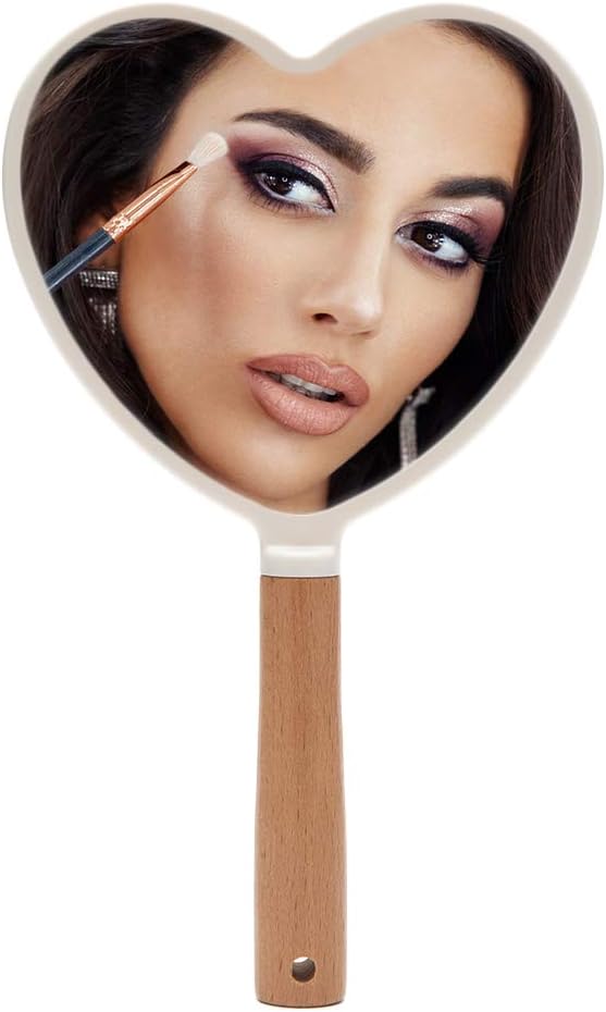 YEAKE Hand Held Mirror with Handle for Makeup,Small Cute Wood Hand Mirror for Shaving with Hole Hanging Single-Sided Portable Travel Vanity Mirror for Men&Women(Heart)