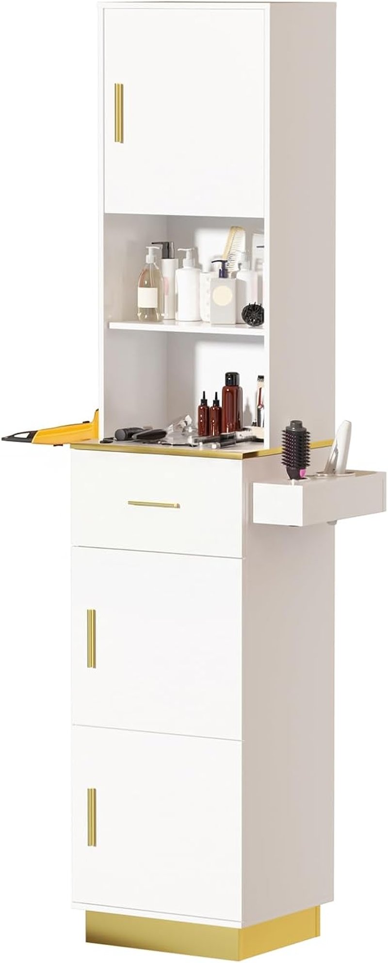 Salon Stations for Hair Stylists - Tall Hair Salon Station with 6 Tool Holders, Drawer & 3 Storage Cabinets | White