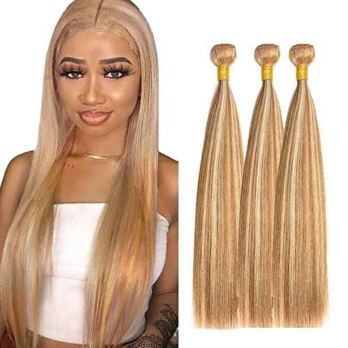 Honey Blonde Bundles Human Hair Straight Bundles 12 14 16 Inch P27/613 Highlight Blonde Straight Bundle Unprocessed Brazilian Virgin Weave Hair 3 Bundle 50 Gram Per Bundle