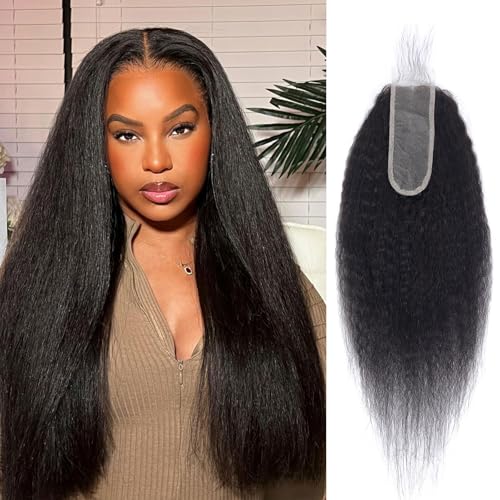 Kinky Straight Closure 2x6 HD Lace Yaki Straight Lace Closure Transparent 100% Real Human Hair Middle Part Long Parting Natural Black 1B Color 16 Inch