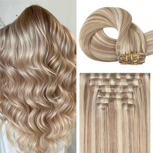 Blonde Highlights Human Hair Extensions Clip Ins 20 Inches Light Brown Mixed Bleach Blonde100g Hair Clip in Extensions Real Human Hair Straight Silky #8/22/8 7pcs