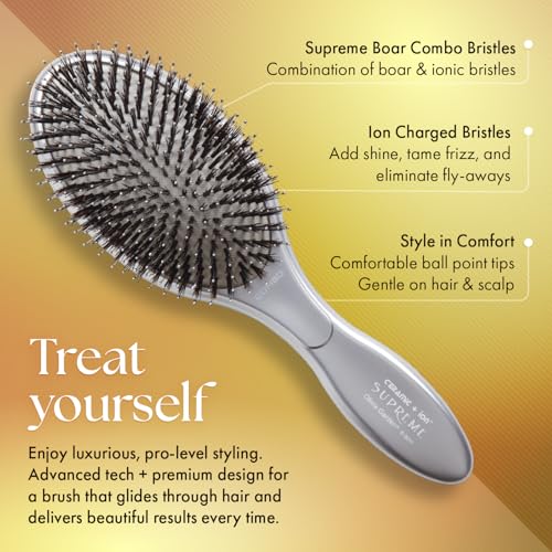 Olivia Garden Ceramic + Ion Supreme Styler Cushion Paddle Brush - Boar & Ionic for Shine, Frizz Control & Smoother Hair