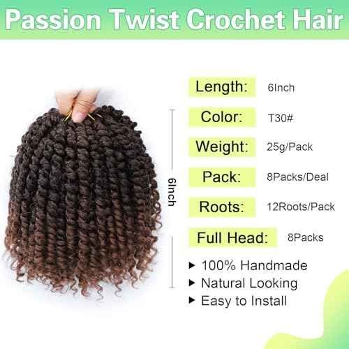 Passion Twist Crochet Hair 6Inch Passion Twist Hair 8 Packs Pre-Twisted Passion Twist Crochet Hair for Black Women Soft Passion Twist Curly Crochet Hair 6"(Pack of 8) T30