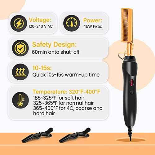 Hot Comb Set 7Pcs, Electric Hair Straightener Pressing Comb for Black Hair, Hot Comb Set with Wig Wax Stick, Lace Band, Rat Tail Comb £¦Salon Clips