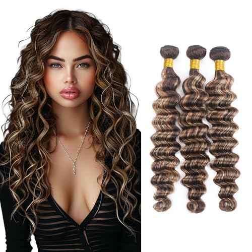 P4/613 Human Hair Bundles Highlight Bundles Human Hair Blonde Deep Wave Bundles Brazilian Human Hair Double Weft Soft And Silky Remy Hair Extensions for Black Women 14 16 18 Inch