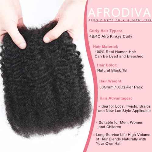 Afro Kinkys Bulk Human Hair for Dreadlocks Kinky Curly for Loc Extensions 100% Real Human Hair Afro Kinky-Curly Human Braiding Bulk Hair for Twist & Repair Locs 4 Packs 200 Gram 12 Inch Black