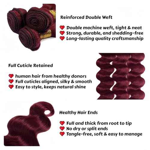 99J Burgundy Body Wave Human Hair Bundles 20 22 24 Inch 3 Bundles Brazilian Virgin Remy Hair Extensions Weave Soft Bouncy Curly Sew In for Black Women