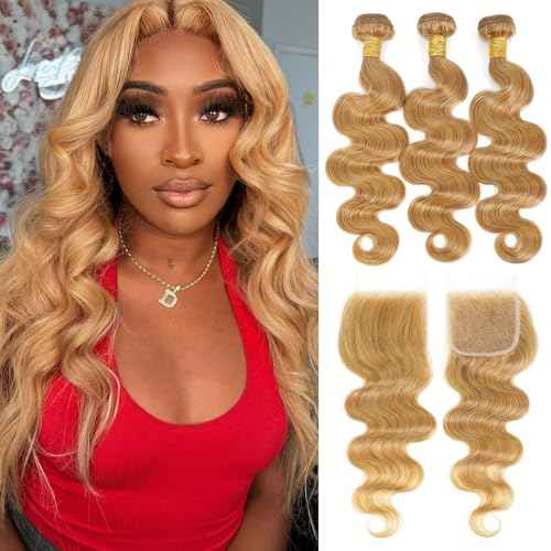 Honey Blonde Bundles with Closure Human Hair Body Wave 12 14 16+10 Inch, Color 27 Golden Ash Blonde 3 Bundles with 4x4 HD Closure, 12A 100% Raw Brazilian Virgin Hair Sew In Weave with 4x4 Closure #27