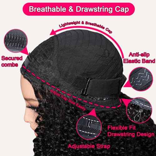 Kinky Curly Half Wig Human Hair Glueless Human Hair Wig 200 Density 3 In 1 Seamless Flip Over Half Wigs Human Hair Drawstring Headband Wig for Women 18 Inch