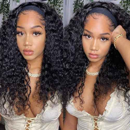 Deep Wave Headband Wig Human Hair for Black Women None Lace Front Wigs Curly Human Hair Headband Wig Glueless Wear and Go Water Wave Headband Wigs 22 Inch