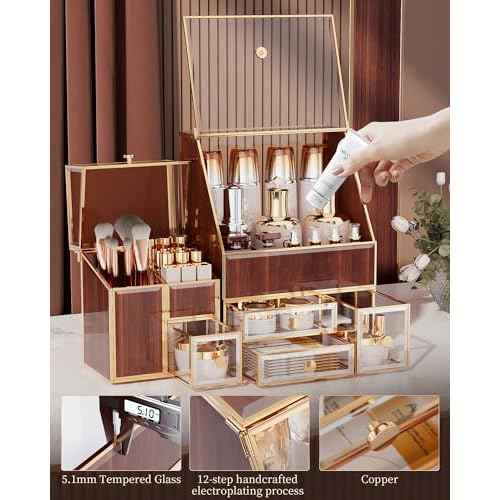Glass Makeup Storage for Vanity and Bathroom Countertop ? Large Cosmetic Display Case and Skincare Storage Solution