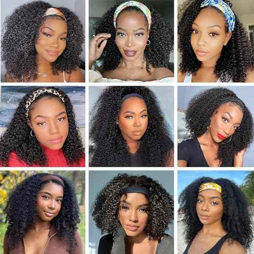 Aiterina Kinky Curly Human Hair Headband Wig Curly Human Hair Wigs 150% Density Brazilian Virgin Human Hair Machine Made Wig for Black Women Non Lace Front Wig Natural Color (Headband Wig, 26inch)
