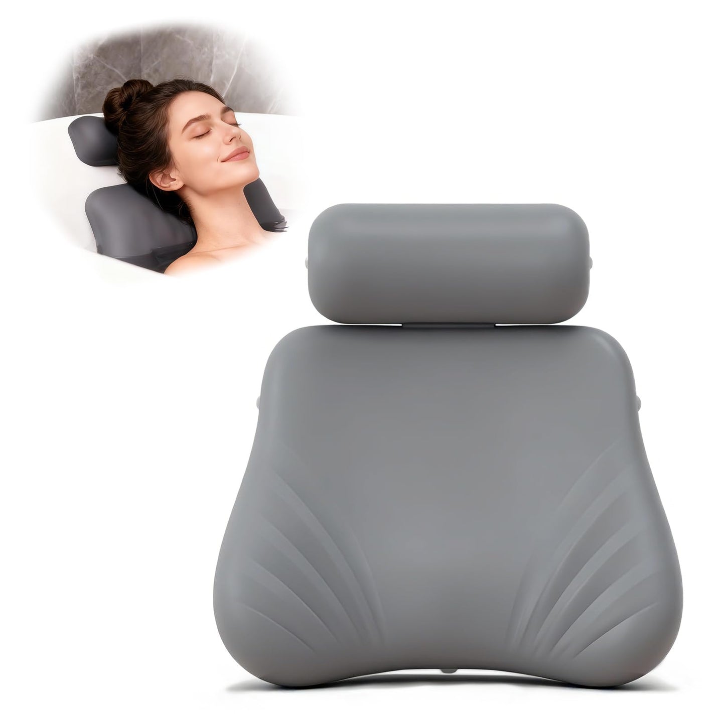 Upgraded Silicone Bath Pillow, 4D Press Inflatable Airbag and Non-Slip Large Suction Cups, Adjustable Head Neck and Back Support, Comfortable Luxury Bath Pillows for Tub, Bath Spa Accessories Gray