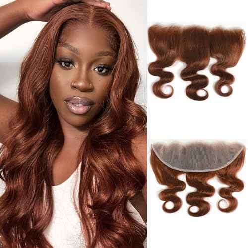 ALHER #33 Reddish Brown Body Wave 13x4 Lace Frontal Human Hair 18 Inch, Copper Brown Auburn Colored HD Transparent Lace Frontal Closure Ear to Ear 100% Virgin Remy Human Hair 150% Density