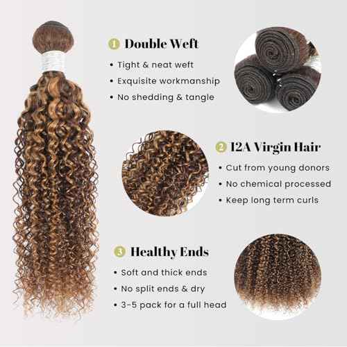 Honey Blonde Highlight Tight Kinky Curly Single Bundles Human Hair 24Inch, 100% Virgin Remy 12A Brazilian Curly Weave Bundles Human Hair Thick Track P4/27 Ombre Brown Colored Kinky Curly Bundles