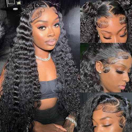 30Inch 13x6 Deep Wave Lace Front Wigs Human Hair Pre Plucked 200% Density Deep Curly 13x6 HD Lace Frontal Wigs with Baby Hair for Women Natural Color