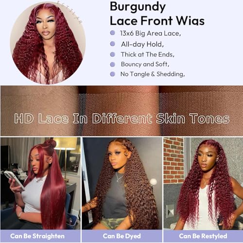 Estilar 99j Burgundy Lace Front Wigs Human Hair 13x6 Deep Wave Lace Front Wigs Human Hair Pre Plucked 200 Density HD Transparent Wet and Wavy Red Color 18 Inch