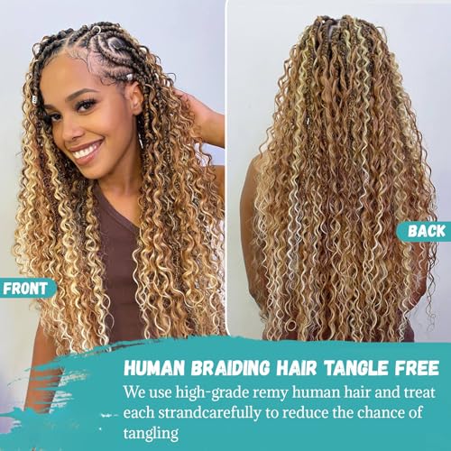 Water Wave Bulk Human Braiding Hair 3 Bundles 150g 20 Inch Highlight Honey Blonde Bohemian Braiding Hair for Boho Braids No Weft 100% Brazilian Virgin Hair