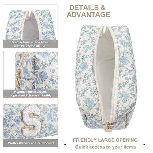 Gleyemor Personalized Initial Makeup Bag for Women, Cute Quilted Blue Floral Cotton Cosmetic Bag, Christmas Gifts for Her Mom Friend Sister Bridesmaid Teacher Women S