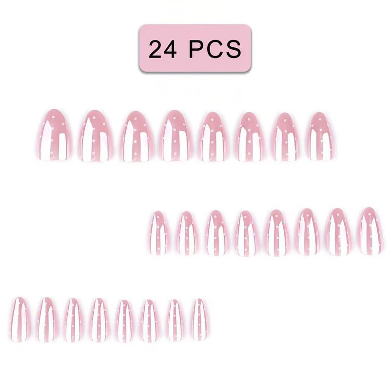 Nude Pink Electroplating Press on Nails Short Almond Fake Nails Aurora White Polka Dots False Nail Design Chrome Glossy Acrylic Nails for Women Girls DIY Manicure Decoration 24Pcs