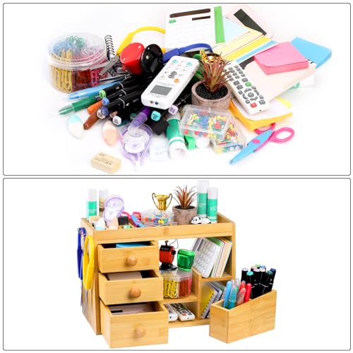 Elsjoy Bamboo Makeup Organizer with 3 Drawers & 12-Grid Lipstick Holder, Desk Bamboo Vanity Jewelry Organizer, Countertop Cosmetic Storage Box Stand with Hooks for Hanging Jewelry