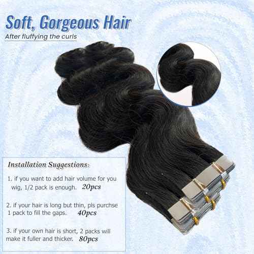 Licoville Body Wave Tape in Hair Extensions, Upgraded 100G 40PCS Body Wave Human Hair Tape ins for Black Women Skin Weft Soft Natural Black Curly Tape in Extensions Real Human Hair 18 Inch