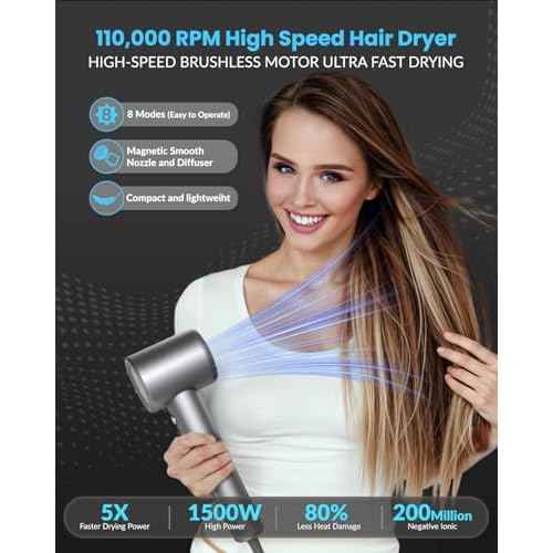 Hair Dryer, 110000 RPM Professional Ionic Blow Dryer with Brushless Motor for Fast Drying, Thermo-Control Quiet Compact Hair Blow Dryer with Magnetic Diffuser for Curly Hair for Home Travel Salon