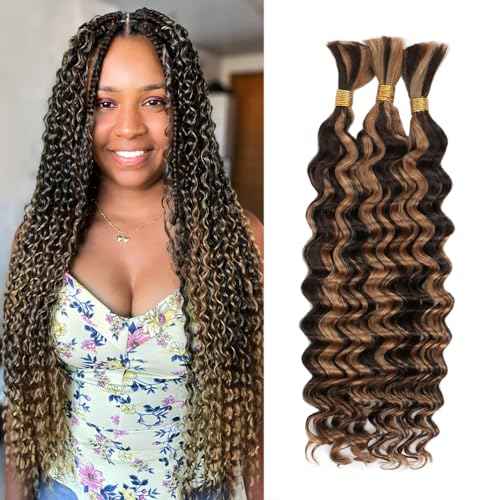 Deep Wave Human Braiding Hair for Boho Braids ? 14 Inch 120g 3 Bundles/Pack Highlights Balayage Chocolate Brown to Caramel Blonde, 12A Brazilian Hair Bulk No Weft, Wet & Wavy Curly Knotless Extensions