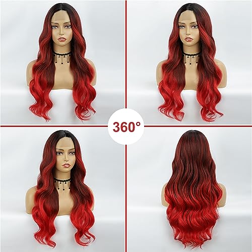 Red Wavy Wig 26 Inch Long Red Ombre Wigs for Women Ombre Red Middle Part Wig Synthetic Heat Resistant for Daily Party Use (Ombre Red 26 Inch)