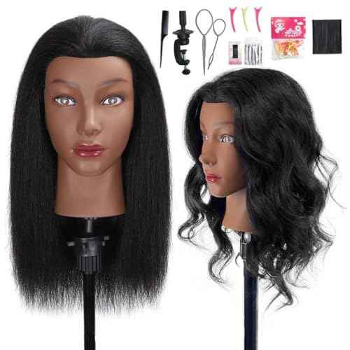 16" MQHIHI Mannequin Head Human Hair, 100% Real Hair Cosmetology Manikin Doll Head for Hairdresser Practice Braiding with Free Clamp Holder and Tools (16 Inch)
