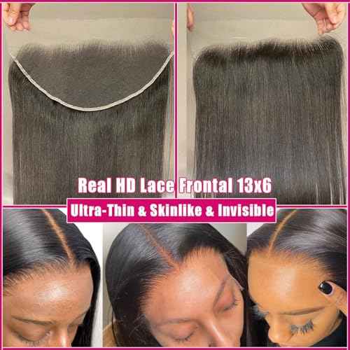 13x6 HD Lace Frontal, 0.11mm Ultra-Thin Skinlike Invisible Swiss Real HD Lace Frontal Closure Pre Plucked with Baby Hair Brazilian Virgin Human Hair Ear to Ear 13x6 Lace Frontal 14 Inch