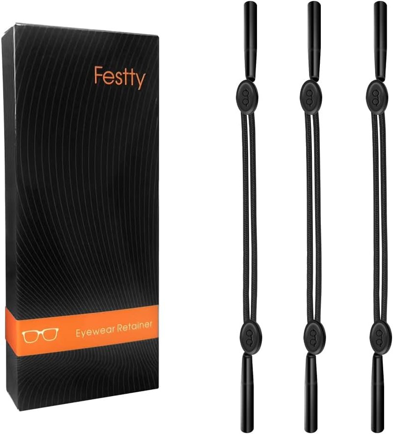 Festty Eyeglasses Strap - Adjustable Sports Lanyard for Kids & Adults | 3-Pack, Black