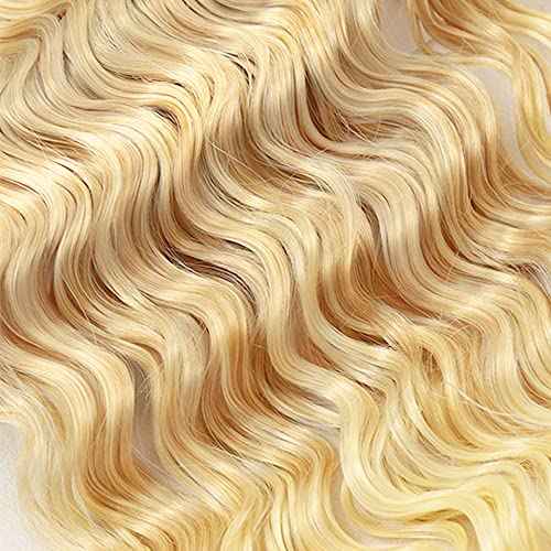 P27/613 Highlight Blonde Bundles Human Hair Deep Wave Bundles 12 14 16 Inch Honey Blonde Deep Wave Bundle Unprocessed Brazilian Virgin Weave Hair 3 Bundle 50 Gram Per Bundle